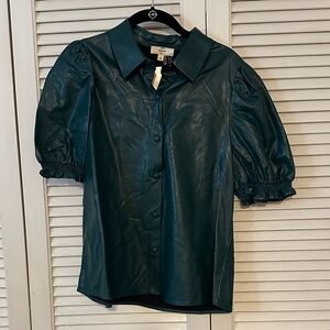 Entro Dark Green Puff Sleeve Button-Up Blouse
